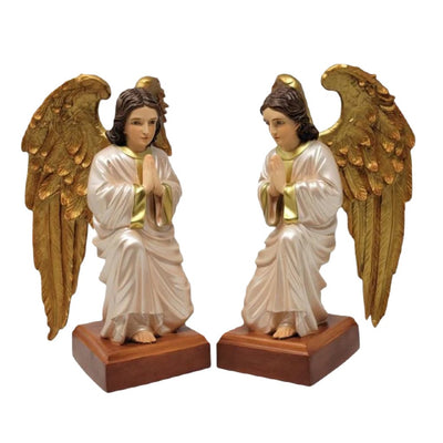 Pair of kneeling adoring angels, hand-painted with gold wings